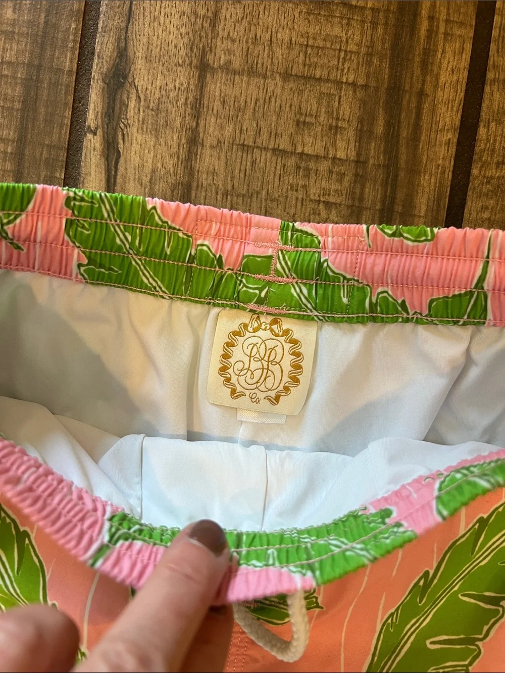 The Beaufort Bonnet Company Pink Swim Trunks with Green Leaf Print